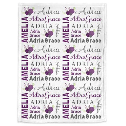 Flower baby blanket, personalized floral newborn name blanket, purple and gray flowers baby gift, girl swaddle blanket