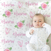 Valentines Day baby blanket, hearts and roses, baby girl gift, personalized cuddle security blanket, newborn, swaddle