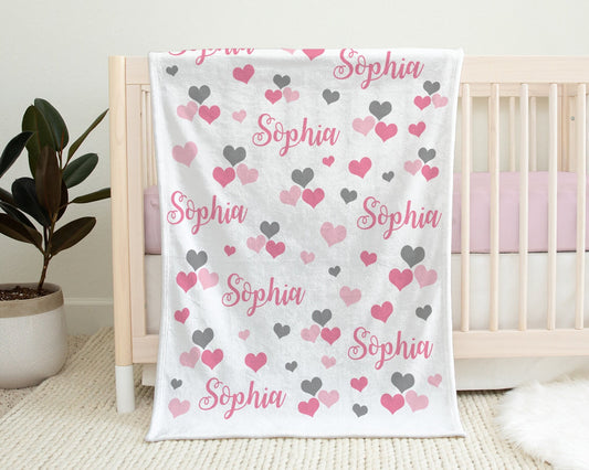 Personalized Pink Hearts Baby Name Blanket Girl