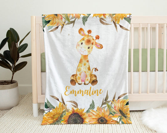 Giraffe baby blanket with sunflowers, newborn giraffes name blanket, personalized baby girl giraffe gift, floral girl swaddle with giraffes
