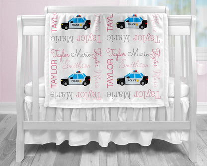 Baby girl police car blanket, police personalized blanket, cop name blanket, police baby gift, cop car personalized blanket, choose color