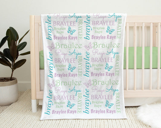 Butterfly baby girl blanket, personalized newborn butterflies name blanket, butterfly baby swaddle, butterfly baby gift (CHOOSE COLOR)
