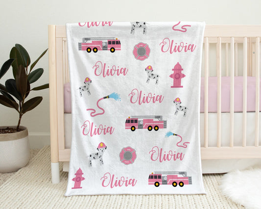 Pink girl fire truck blanket, firefighter personalized blanket, fireman name blanket, firetruck baby gift, personalized swaddle name blanket