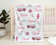 Pink girl fire truck blanket, firefighter personalized blanket, fireman name blanket, firetruck baby gift, personalized swaddle name blanket