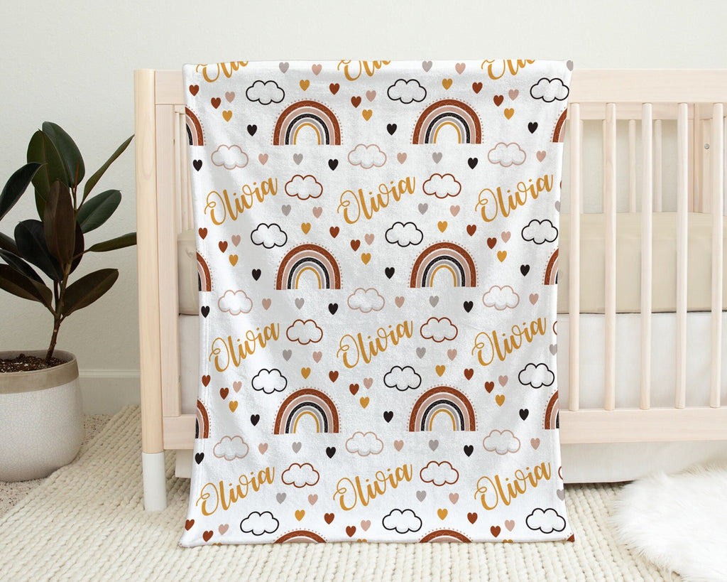 Boho rainbow newborn baby blanket, personalized rainbow name blanket, personalized earth tones rainbow neutral baby gift, baby boy or girls