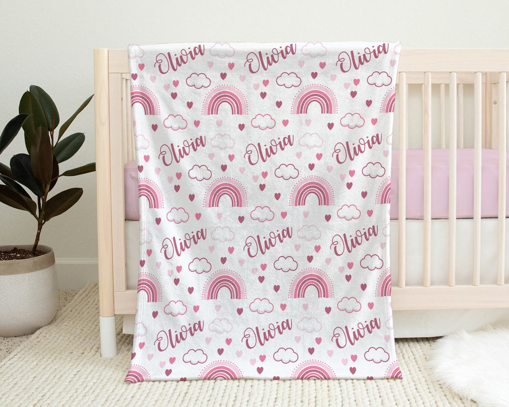 Boho rainbow blanket in pink baby name swaddle blanket, personalized baby girl gift, newborn, pink rainbows clouds and hearts