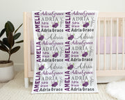 Flower baby blanket, personalized floral newborn name blanket, purple and gray flowers baby gift, girl swaddle blanket