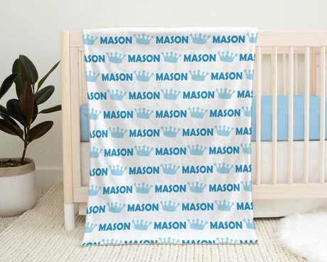 Baby boy prince name blanket, royal crown newborn blanket, blue and white crown baby blanket, personalized prince baby gift (CHOOSE COLORS)