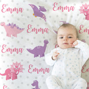 Dinosaur Girl blanket, personalized newborn blanket with name, dinosaur gift, pink dinosaur nursery blanket