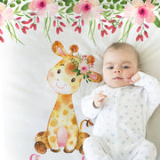 Floral giraffe baby blanket, newborn girl giraffe blanket with name, personalized watercolors floral giraffe gift, (CHOOSE COLORS)