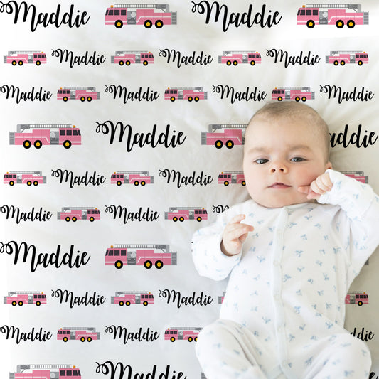 Firetruck baby girls blanket, pink fire fighter personalized name blanket, pink firetruck newborn baby gift, fireman swaddle blanket