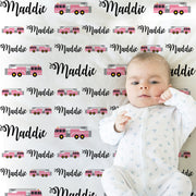 Firetruck baby girls blanket, pink fire fighter personalized name blanket, pink firetruck newborn baby gift, fireman swaddle blanket