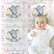 Polka dot ear elephant baby blanket, personalized elephant newborn gift, pink elephant swaddle blanket with name, pink and gray elephants