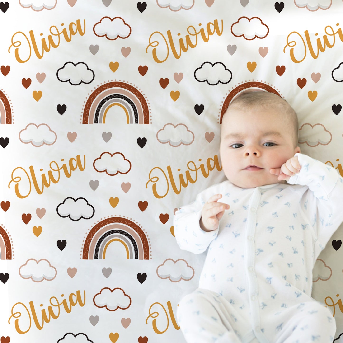Boho rainbow newborn baby blanket, personalized rainbow name blanket, personalized earth tones rainbow neutral baby gift, baby boy or girls