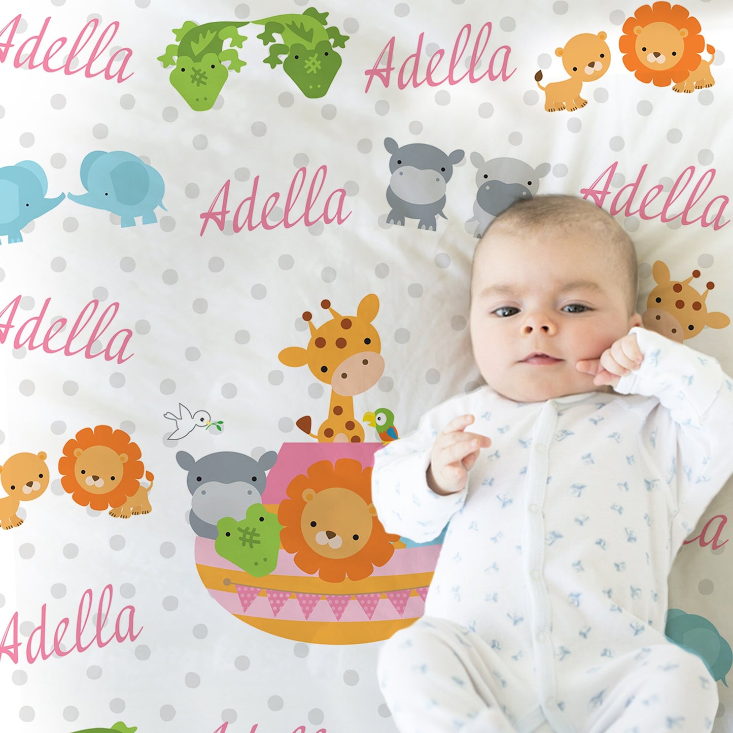Personalized noah's ark baby blanket, newborn ark animals name blanket, bible animals baby swaddle, cute Noah's ark baby gift (CHOOSE COLOR)
