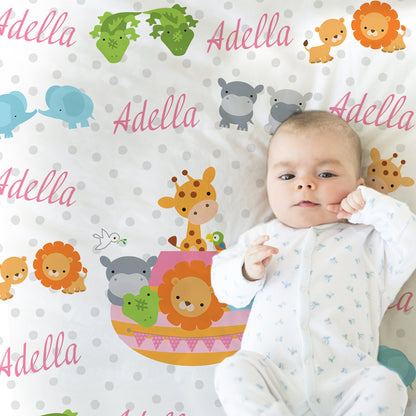 Personalized noah's ark baby blanket, newborn ark animals name blanket, bible animals baby swaddle, cute Noah's ark baby gift (CHOOSE COLOR)
