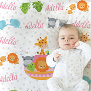 Personalized noah's ark baby blanket, newborn ark animals name blanket, bible animals baby swaddle, cute Noah's ark baby gift (CHOOSE COLOR)