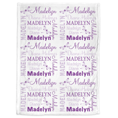 Girl dragonfly baby blanket, dragonflies name blanket, personalized baby gift with dragonflies, newborn dragonfly swaddle blanket