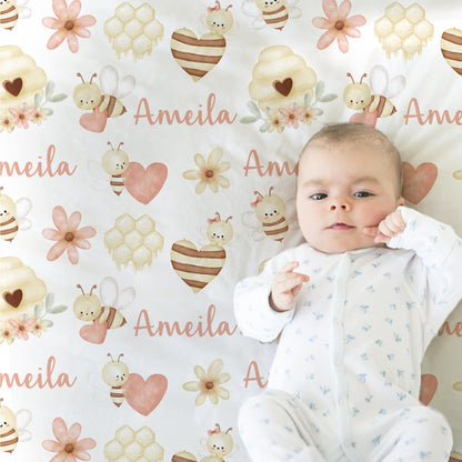 Valentine Bee baby blanket with hearts, watercolor boho bumble bee personalized newborn baby gift, Valentines Toddler Blanket, girl gift
