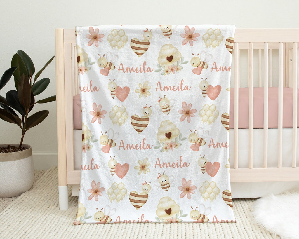 Valentine Bee baby blanket with hearts, watercolor boho bumble bee personalized newborn baby gift, Valentines Toddler Blanket, girl gift