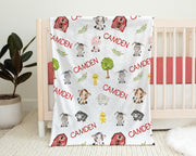 Farm animals baby blanket, personalized baby name gift, barnyard animals baby gift, baby cow, pig, barn swaddle blanket