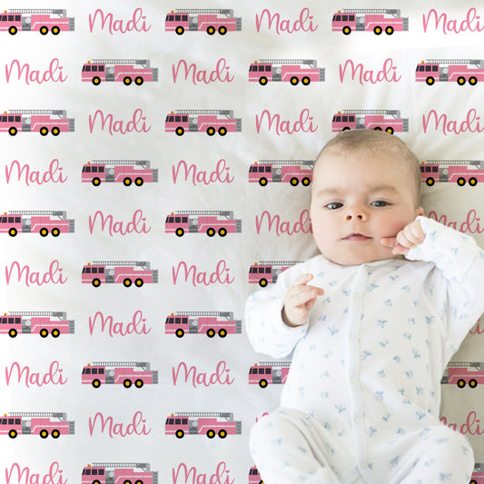 Newborn pink firetruck baby gril blanket, personalized fireman swaddle blanket with name, boy or girls, fire truck theme baby gift