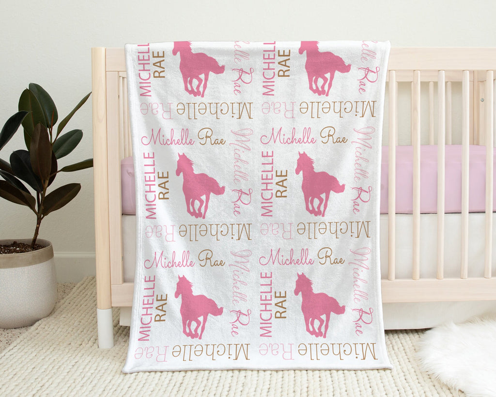Baby girl wild horses blanket, personalized newborn horse blanket with name, horse theme baby swaddle gift, girls or boys, (CHOOSE COLORS)