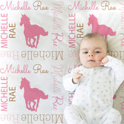 Baby girl wild horses blanket, personalized newborn horse blanket with name, horse theme baby swaddle gift, girls or boys, (CHOOSE COLORS)
