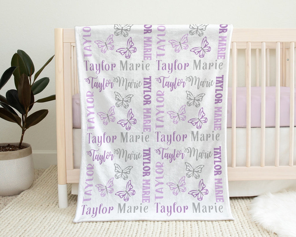 Butterfly baby girl name blanket, newborn purple and gray swaddling blanket, girl personalized blanket, butterflies baby girl gift