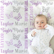 Butterfly baby girl name blanket, newborn purple and gray swaddling blanket, girl personalized blanket, butterflies baby girl gift