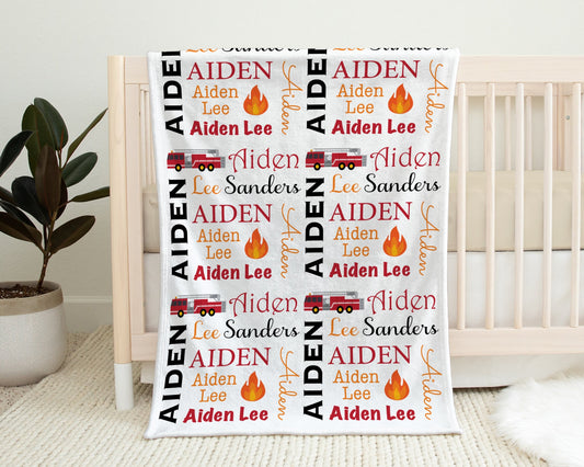 Personalized Fire trucks newborn baby name blanket, boy firetruck personalized blanket with name, fireman baby gift, firefighter baby swaddle, (CHOOSE COLORS)