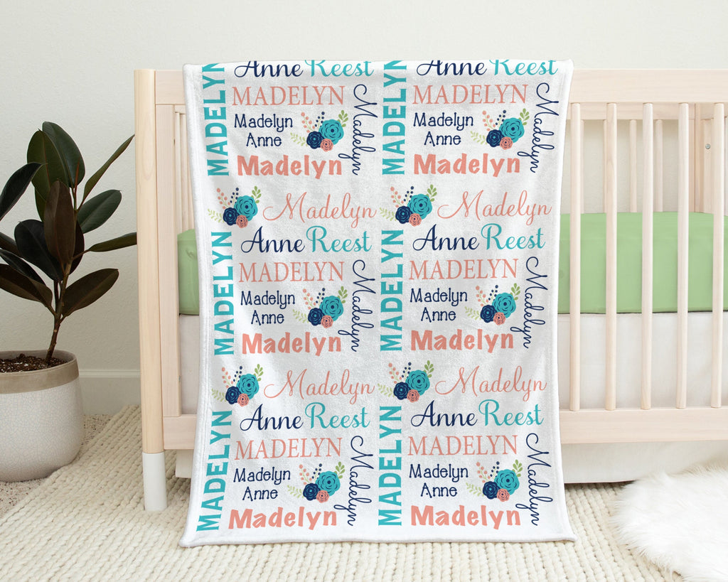 Flower baby blanket, personalized newborn blanket with name, floral coral and navy baby girl gift, chic flowers swaddle blanket