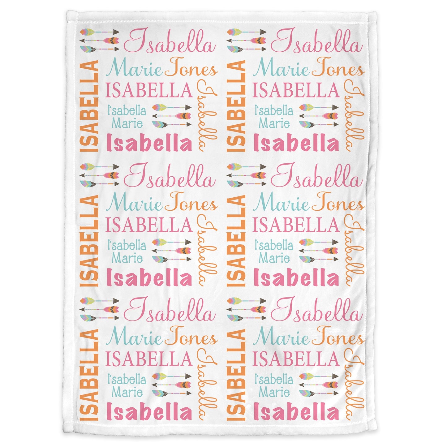 Personalized arrow baby girl blanket, newborn boho feather girl name blanket, baby gift with boho arrows, pink, orange, teal (CHOOSE COLORS)