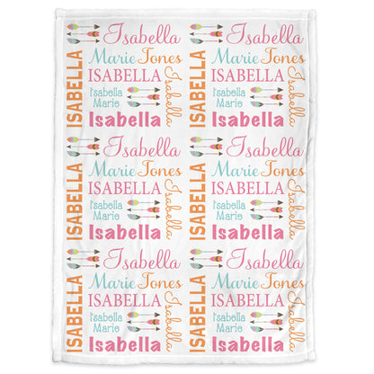 Personalized arrow baby girl blanket, newborn boho feather girl name blanket, baby gift with boho arrows, pink, orange, teal (CHOOSE COLORS)