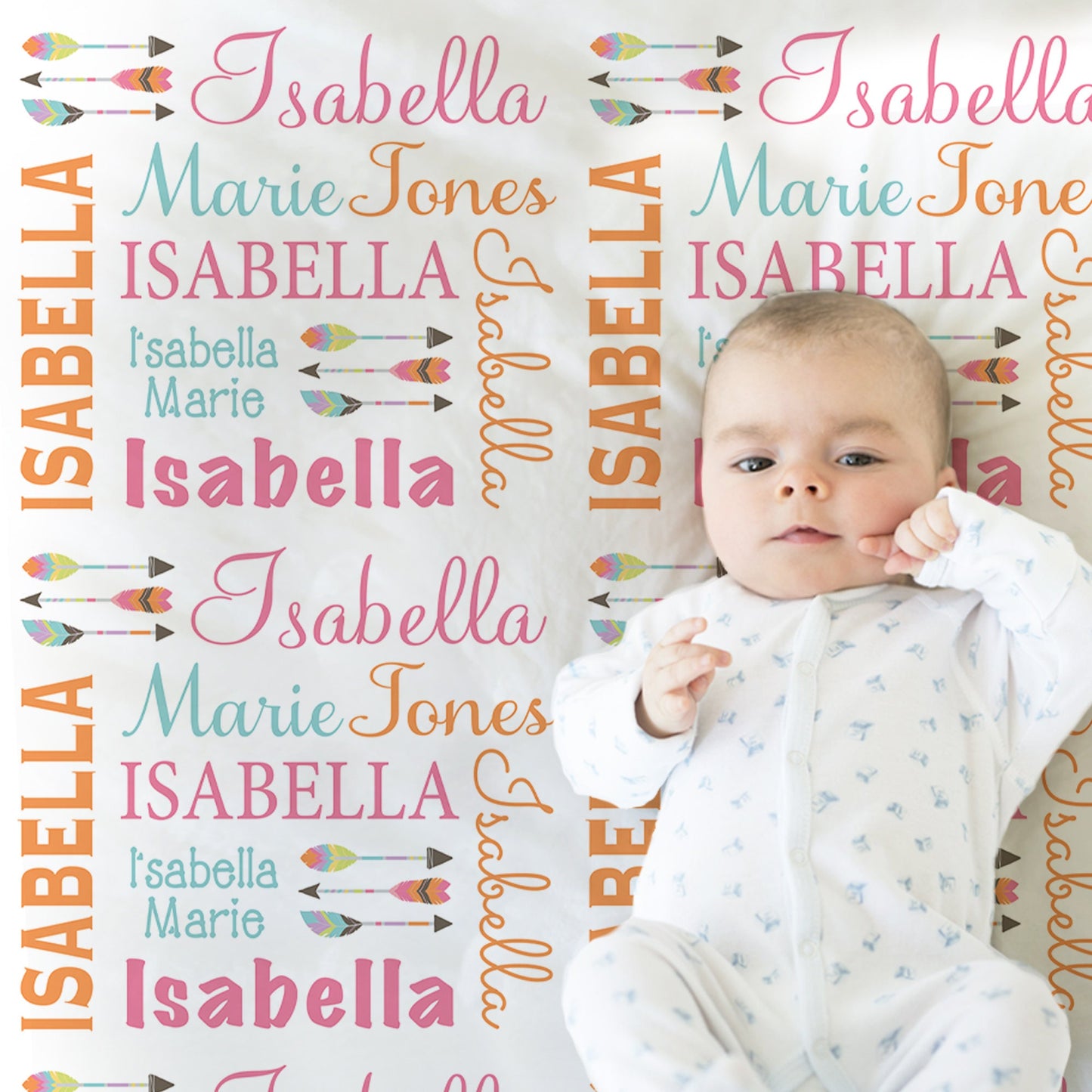 Personalized arrow baby girl blanket, newborn boho feather girl name blanket, baby gift with boho arrows, pink, orange, teal (CHOOSE COLORS)
