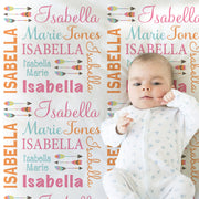 Personalized arrow baby girl blanket, newborn boho feather girl name blanket, baby gift with boho arrows, pink, orange, teal (CHOOSE COLORS)