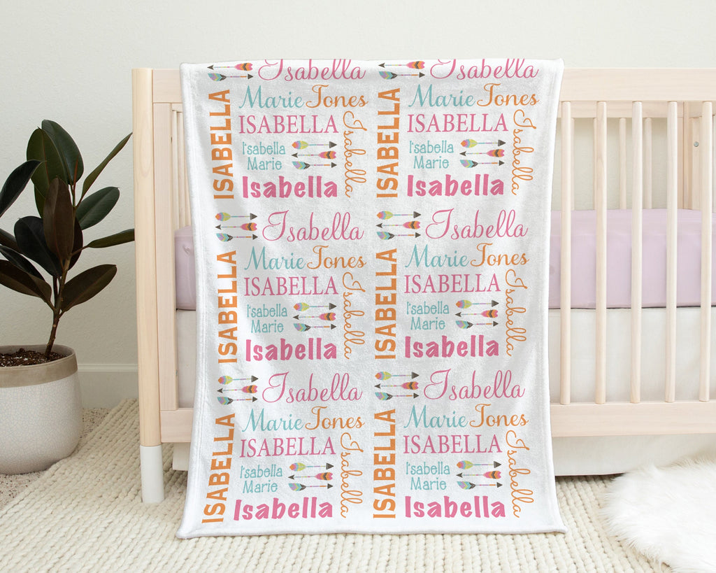 Personalized arrow baby girl blanket, newborn boho feather girl name blanket, baby gift with boho arrows, pink, orange, teal (CHOOSE COLORS)