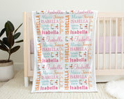 Personalized arrow baby girl blanket, newborn boho feather girl name blanket, baby gift with boho arrows, pink, orange, teal (CHOOSE COLORS)