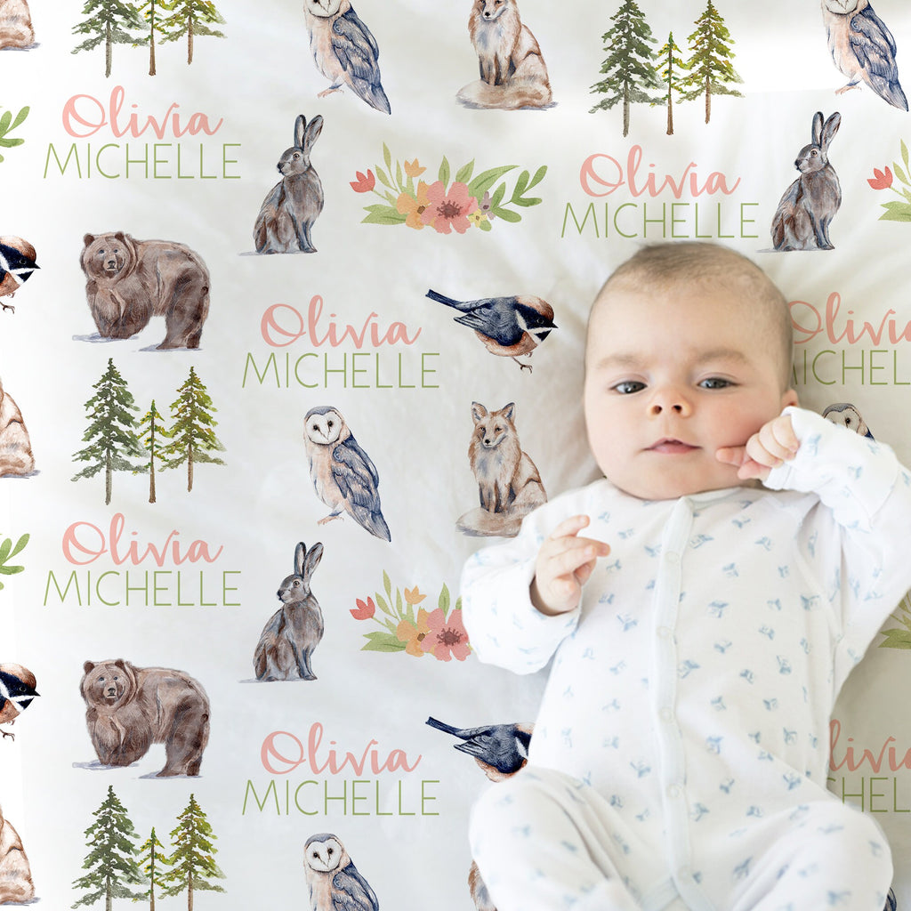 Forest animals girl baby blanket, personalized baby name gift, newborn woodland animals  gift, baby girl pine tree swaddle blanket