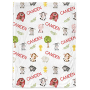 Farm animals baby blanket, personalized baby name gift, barnyard animals baby gift, baby cow, pig, barn swaddle blanket