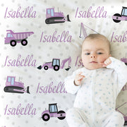 Purple construction trucks name blanket, baby girl dump truck girl blanket, construction baby, personalized baby gift, custom name blanket