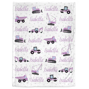 Purple construction trucks name blanket, baby girl dump truck girl blanket, construction baby, personalized baby gift, custom name blanket
