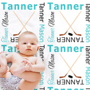 Baby boy hockey stick name blanket, hockey swaddle blanket, boy or girl, personalized hockey baby gift, hockey puck kids blanket