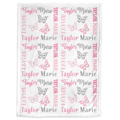 Pink butterfly baby blanket, personalized butterflies girl blanket with name, newborn butterfly swaddle, butterfly baby gift (CHOOSE COLORS)