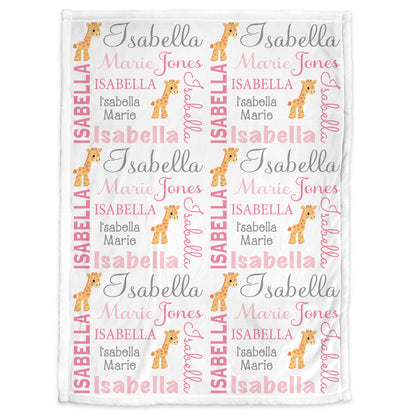 Giraffe baby girls name blanket, giraffes personalized newborn blanket, pink giraffe baby gift, girl or boy, giraffe nursery (CHOOSE COLORS)