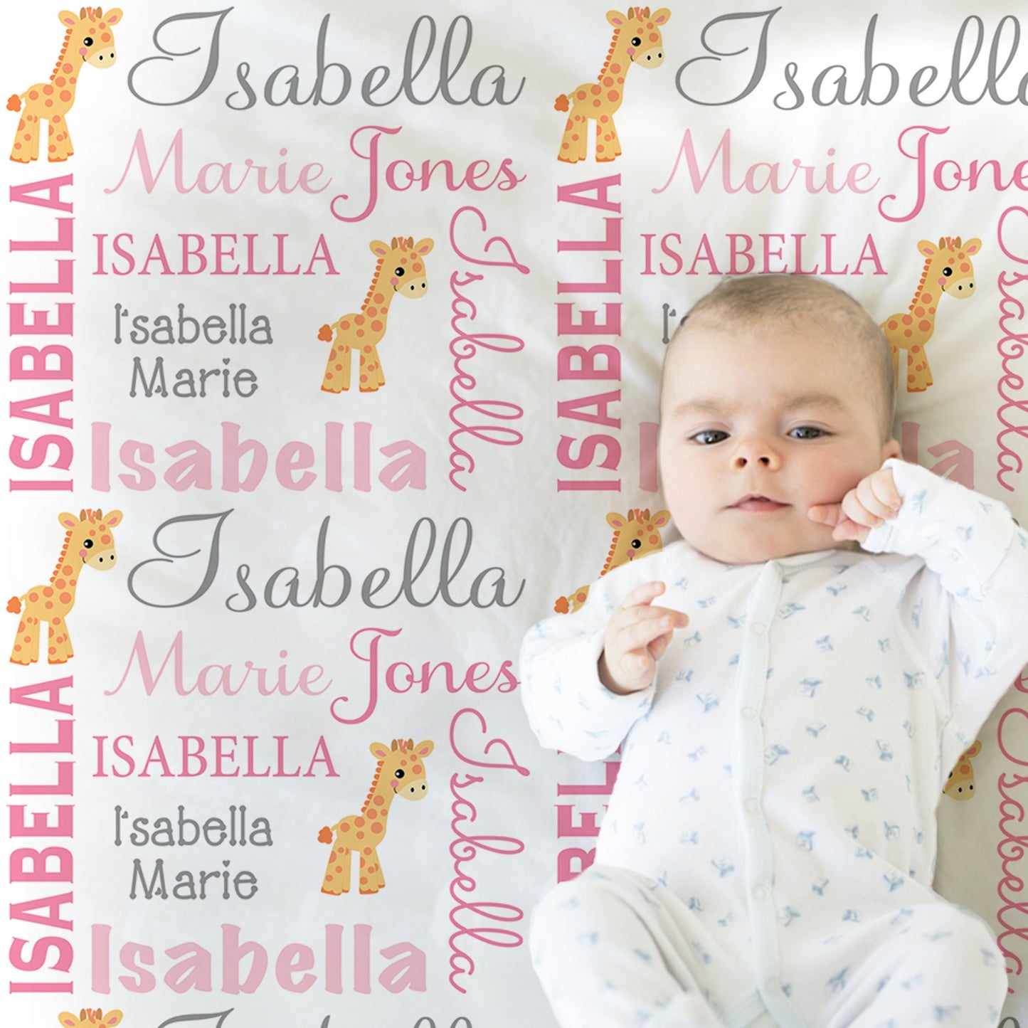 Giraffe baby girls name blanket, giraffes personalized newborn blanket, pink giraffe baby gift, girl or boy, giraffe nursery (CHOOSE COLORS)