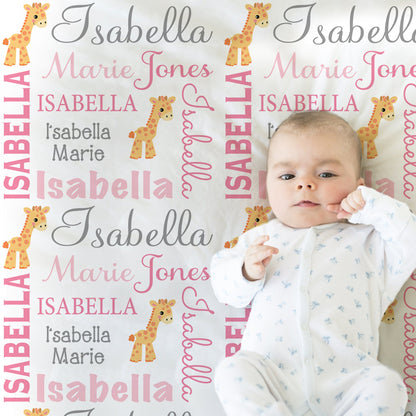Giraffe baby girls name blanket, giraffes personalized newborn blanket, pink giraffe baby gift, girl or boy, giraffe nursery (CHOOSE COLORS)