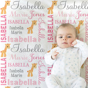 Giraffe baby girls name blanket, giraffes personalized newborn blanket, pink giraffe baby gift, girl or boy, giraffe nursery (CHOOSE COLORS)