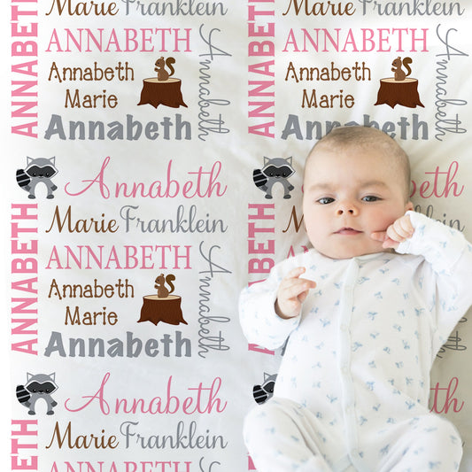 Personalized Woodland Forest Animal Baby Name Blanket Girl
