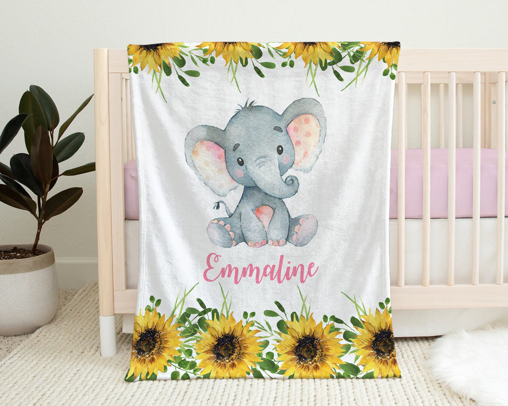 Personalized elephant sunflowers baby blanket, sunflower newborn name blanket, flowers and elephants baby gift, elephant flower swaddle